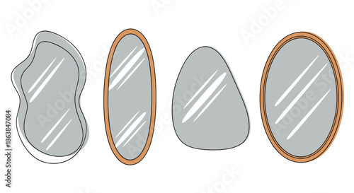 Collection of four unique wall mirror designs in different shapes like irregular, oval, and pear with wooden frames.