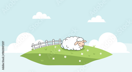 Peaceful white sheep sleeping on a green grassy hill with a white fence, flowers, and soft clouds in a serene blue sky.