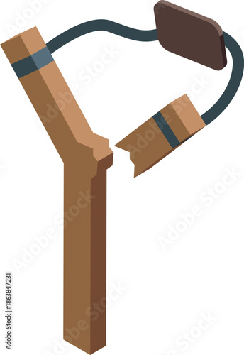 Broken slingshot made of wood, with rubber band and handle grip, isolated on white background