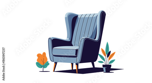 Elegant blue wingback armchair with vertical stitching and wooden legs standing between two potted indoor house plants.