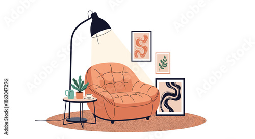 Cozy reading nook featuring an orange armchair, a tall floor lamp, a small side table with coffee, and framed wall art.