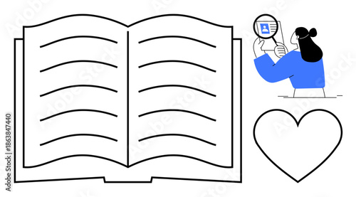 Research concept. Open book with magnifying glass for studying and analyzing information. Research encourages exploration and understanding. Ideal for education, knowledge, learning, libraries