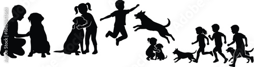 Silhouettes of children interacting with dogs in playful poses, black figures, expressive posture, transparent background, companionship and joy illustration