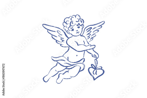 Vintage hand drawn cupid angel sketch for Valentine design