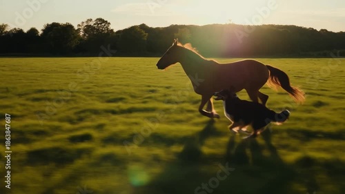 A horse and a dog running and playing in a sunny meadow at sunset Stock Video