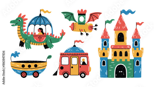 Whimsical Worlds: A collection of fantastical illustrations depicting a colorful dragon-drawn carriage, a whimsical flying machine, a fairytale castle.
