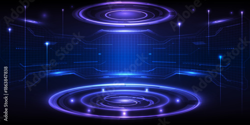 Vector illustrations of Futuristic digital technology hi tech stage for showcase with neon blue and purple,pedestal and neon ring and hexagonal pattern for digital advertising and game artwork.