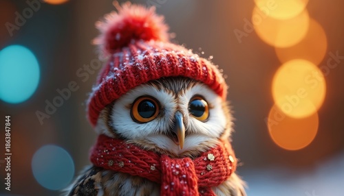 Close owl wearing red knitted hat and scarf. Snowy feathers and big eyes stare forward. Winter bird portrait with blurred festive lights background. © Viktor