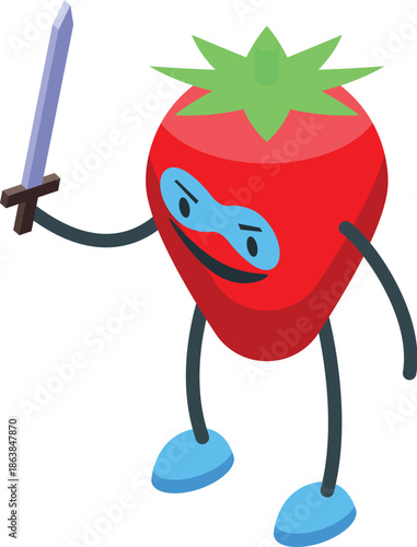Cartoon strawberry superhero wielding a sword, ready to defend deliciousness