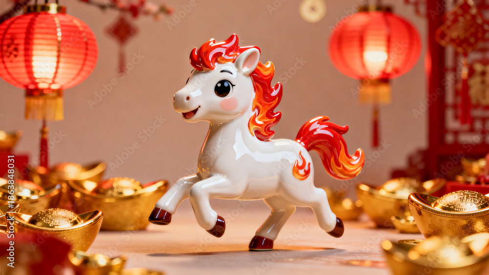 Fototapeta premium Cheerful 3D Rendered White Fire Horse Running Amidst Golden Ingots and Red Lanterns