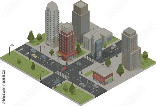 Isometric city street illustration, modern urban buildings with road traffic and pedestrians, downtown business district, smart city infrastructure design