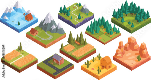 Isometric landscape illustrations, rural village, farm fields, forest cabins, mountains rivers desert scenes, game assets environment design