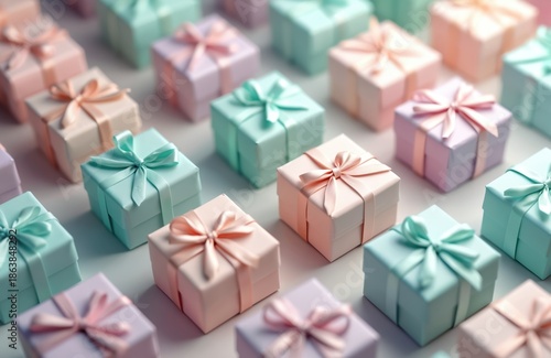 Pastel colored gift boxes with ribbons arranged in repeating pattern. Small square packages tied with bows in soft colors like pink, blue, peach. Arrangement creates modern, delicate visual texture