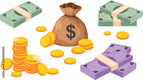 Isometric money illustration set, stacks of cash banknotes and gold coins, financial wealth assets, savings investment business concept design