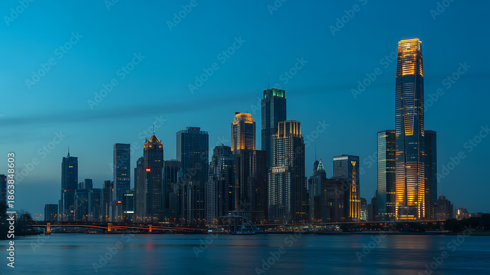 Fototapeta premium Stunning Skyline of a Modern City at Twilight Reflecting in the Water, Featuring Illuminated Skyscrapers and a Vibrant Urban Landscape