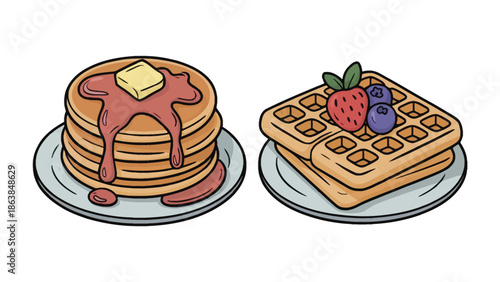 Breakfast Bliss: A stack of fluffy pancakes drizzled with syrup and a pad of butter alongside a golden waffle topped with fresh berries, all on plates, symbolizing morning enjoyment.