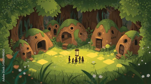 Enchanted Forest Illustration with Hobbit-Style Homes, Lantern Light, and Family Silhouettes in a Whimsical, Magical Setting for Children's Storybooks