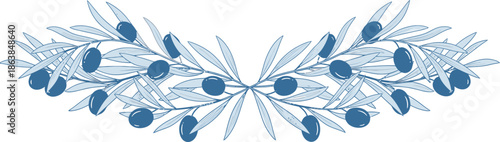 Elegant Symmetrical Olive Branch Design with Blue Leaves and Ripe Fruits, Perfect for Mediterranean Decor and Culinary Themes
