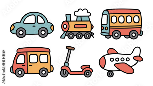 Transport in Illustration: A playful ensemble of transport vehicles, car, train, bus, van, scooter, and plane, arranged on a surface, ideal for showcasing the simple joy of travel and transit.