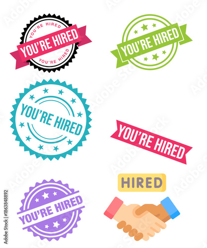 A collection of colorful graphic badges, seals, and banners proclaiming the phrase 'you're hired' along with a handshake icon on transparent background