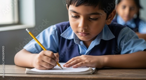 Young boy focused on writing in notebook during classroom activity with other students visible in background educational learning concept
