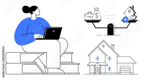 Financial planning. A woman is working on a laptop near a scale balancing money, work, and health. Financial planning supports decision-making and prioritizing work-life balance. For finance