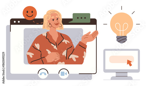 Virtual learning, remote communication, online education, digital interaction, webinar hosting, content creation. Woman gesturing during a video call. Virtual learning and remote communication