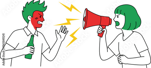 Angry woman screaming through megaphone at man, couple fighting, domestic conflict illustration, relationship problems, loud argument, verbal abuse, toxic communication, social issues, vector.