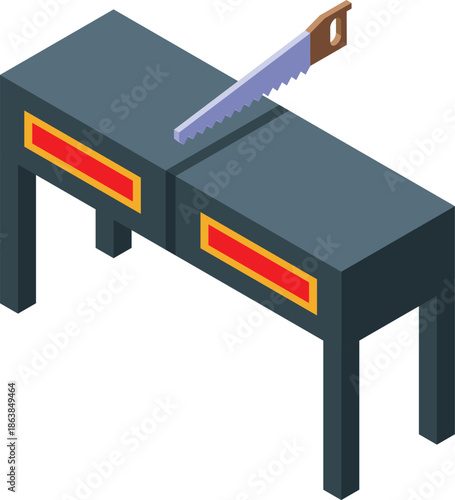 Hand saw cutting a wooden plank on workbench with red warning signs, carpentry and woodworking concept