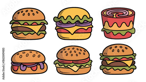Delectable Burger Variety: A vibrant array of diverse, handcrafted burgers. Each one a unique flavor creation. Illustrating food passion and culinary flair, inviting taste and enjoyment.
