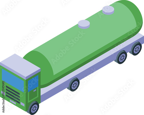 Green gasoline tanker truck delivering fuel, isometric projection