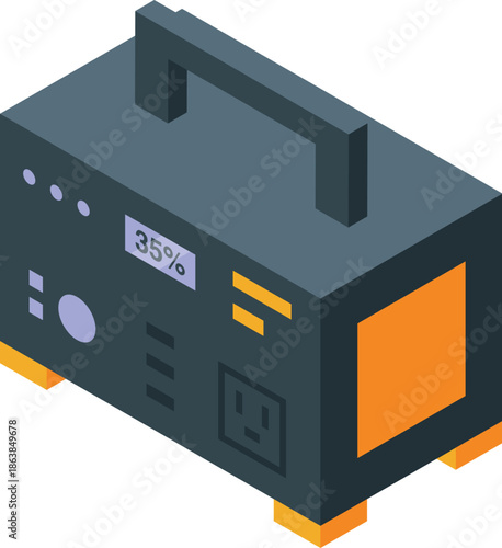 Isometric view of a portable power station showing a 35 percent charge level, ideal for backup power during outages or outdoor activities