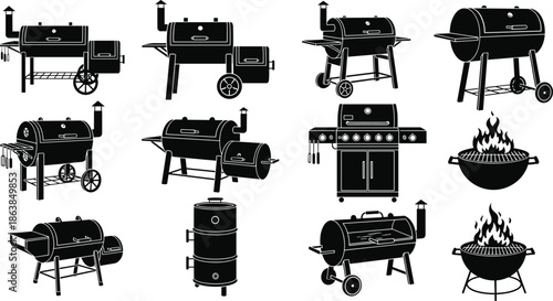 Barbecue grill and smoker icon set, outdoor cooking equipment silhouettes, charcoal and gas bbq symbols, wood fire smokers for backyard party and catering.