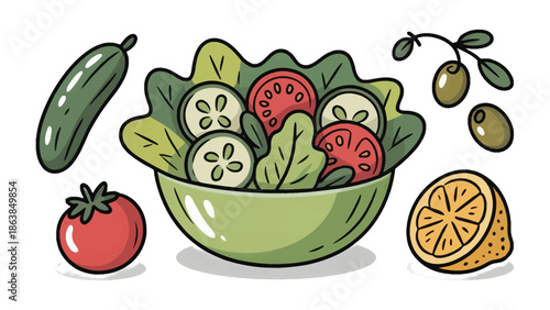 Fresh Salad Delights: A vibrant and appetizing illustration featuring a refreshing salad bowl, accompanied by a medley of fresh, colorful vegetables