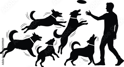 Silhouettes of person playing with five dogs, black figures, dynamic posture, transparent background, pet interaction and outdoor activity illustration