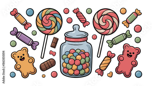 Sweet Surrender: A colorful candy-filled world. Lollipops, gummy bears, and other treats burst with vibrant flavors and inviting designs.