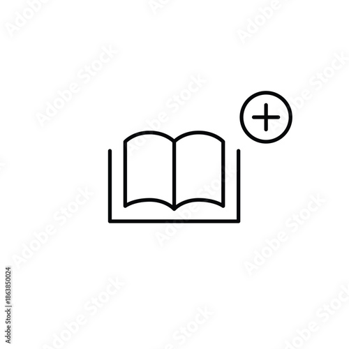Open book and plus. Reading habit, knowledge gain. New addition to library and learning. Pixel perfect, editable stroke vector icon