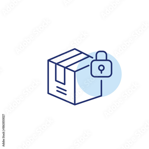 Delivery box and lock. Secure shipment, protected store shopping. Pixel perfect, editable stroke vector icon