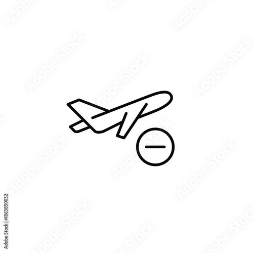 Airplane taking off and minus. Departure delayed, flight cancelled. Pixel perfect, editable stroke vector icon