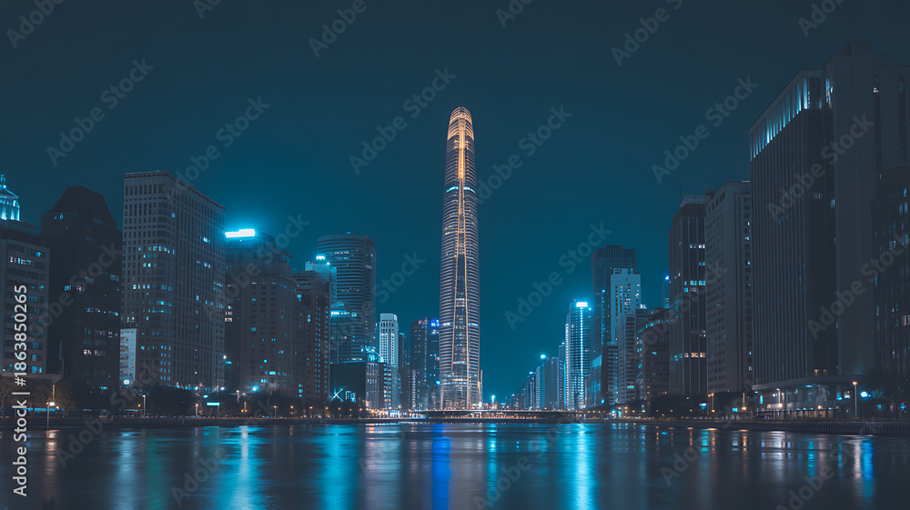 Obraz premium Nighttime Cityscape with Illuminated Skyscrapers Reflecting in River, Modern Urban Skyline at Dusk, Tranquil Water Reflections, City Lights and