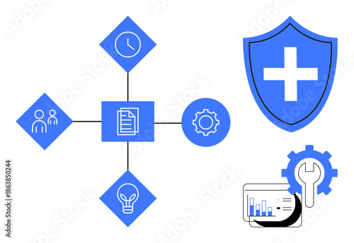 Workflow optimization, healthcare initiatives, data management, cybersecurity, medical research, business analysis. Icons include a shield, flowchart file gear and graphs. s workflow optimization
