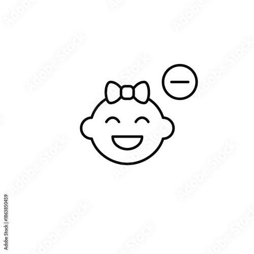 Smiling baby girl and minus symbol. Care reduced, parenting unavailable. Pixel perfect, editable stroke vector icon