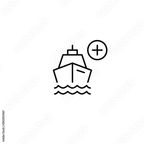 Booking add, trip update, cruise plan upgrade. Ship and plus. Pixel perfect, editable stroke vector icon