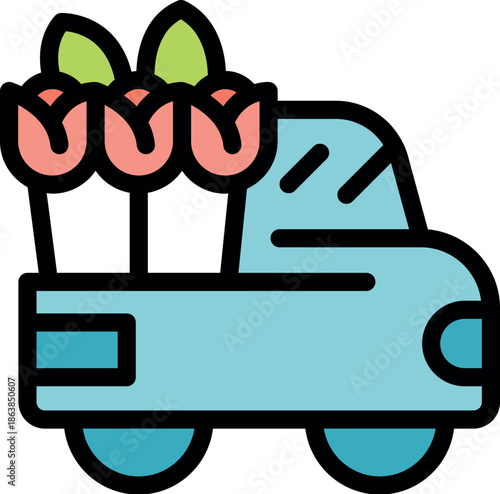 Light blue delivery truck transporting fresh pink flowers, representing flower delivery services and the transportation of floral arrangements