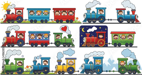 Vector illustration set of funny cartoon cars, trucks, and buses featuring a colorful toy train locomotive and city transport icons for kid travel design and seamless baby patterns