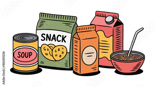 Culinary Collection: A vibrant illustration showcases an array of packaged food, inviting a journey through the world of convenience.
