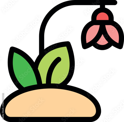 Stylized pink bellflower growing from a patch of soil, representing concepts of nature, growth, and environmental awareness