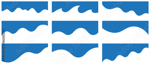 A collection of nine abstract blue wave and fluid shape vector illustrations, designed as scalable graphic elements for website headers, marine branding, creative backgrounds, and modern digital desig