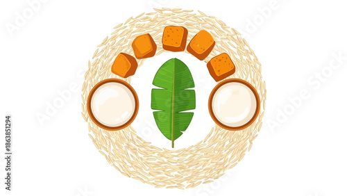 Vibrant illustration of healthy food and leaf on woven mat