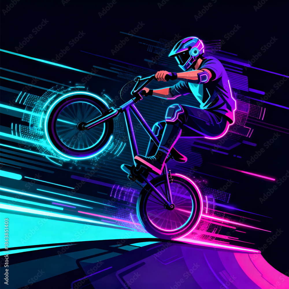 Fototapeta premium Cyber Futuristic Extreme Sport BMX – Neon Action Sports Vector